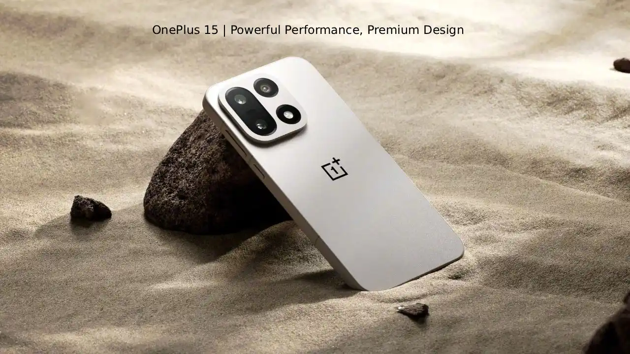 OnePlus 15 smartphone image showing design, display, and camera module with text “OnePlus 15 price in India and launch details”.