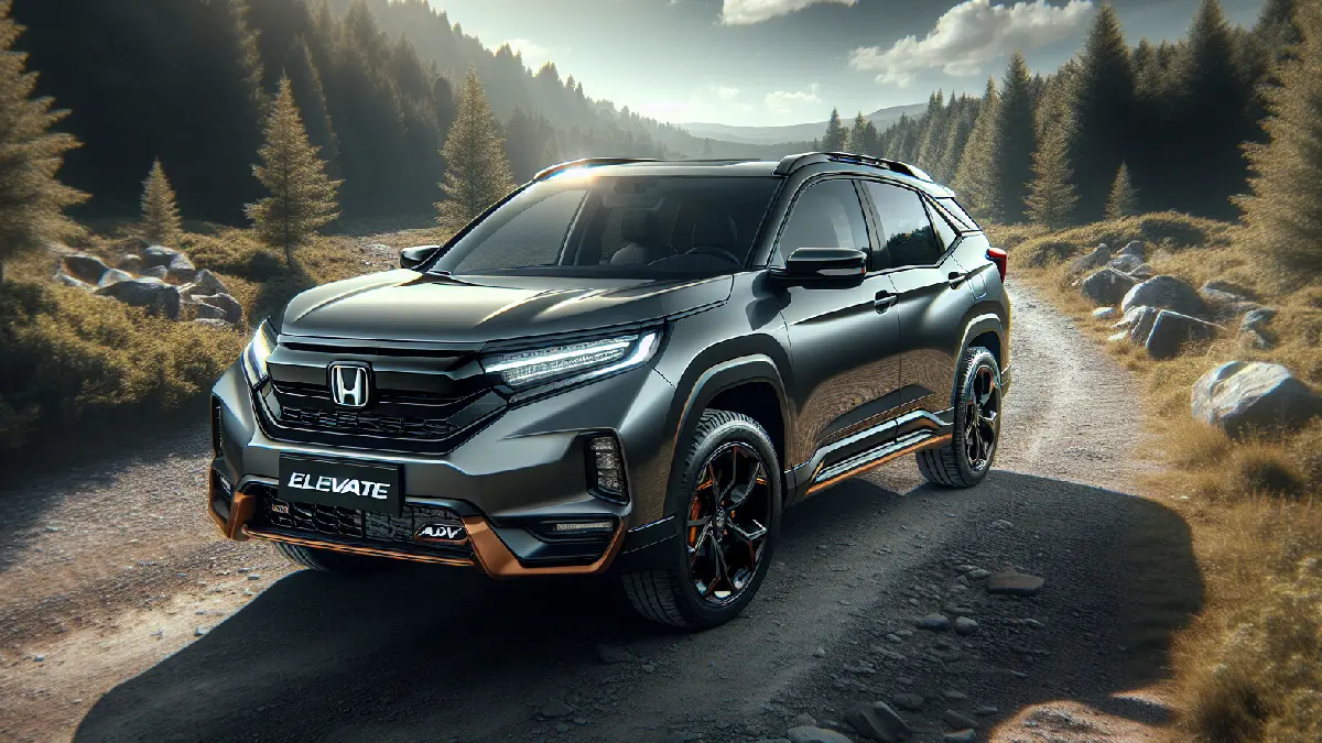 Honda Elevate ADV Edition का फ्रंट-थ्री-क्वार्टर व्यू, जिसमें ब्लैक ग्रिल और ऑरेंज एक्सेंट्स दिख रहे हैं