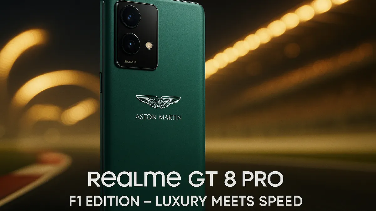 Realme GT 8 Pro Aston Martin F1 Edition green color back panel with Aston Martin logo