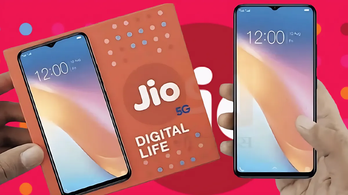 Jio Smart Phone 5G के फीचर्स का ग्राफिक — Snapdragon प्रोसेसर, 5000 mAh बैटरी, 13MP कैमरा।